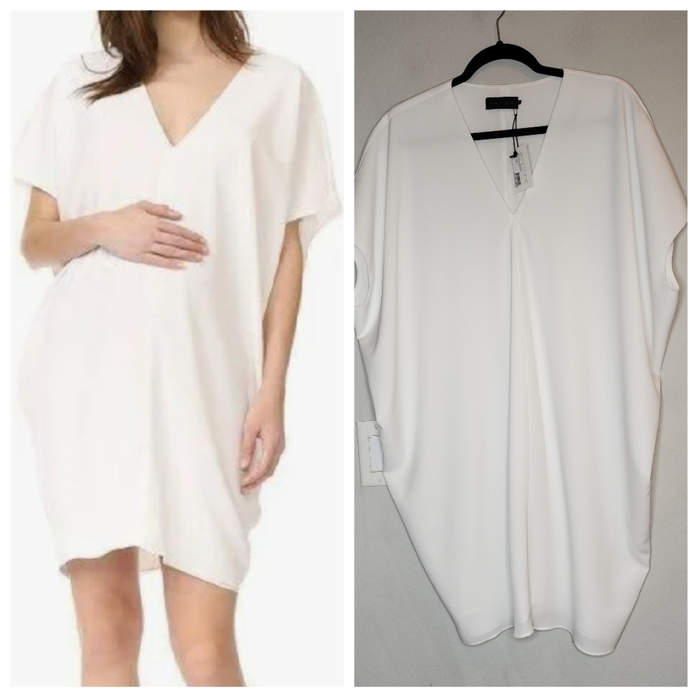 NWT Hatch Maternity White Slouch Dress Size P Small Oversized V-neck Knee Length